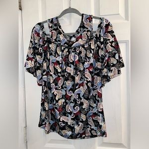 Size small black blue red paisley swirl cut out shoulder loose sleeves blouse